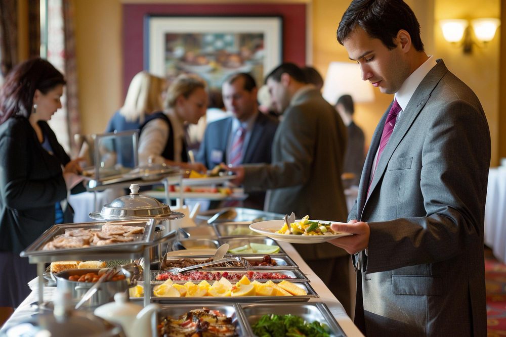 Office guests at a corporate buffet
